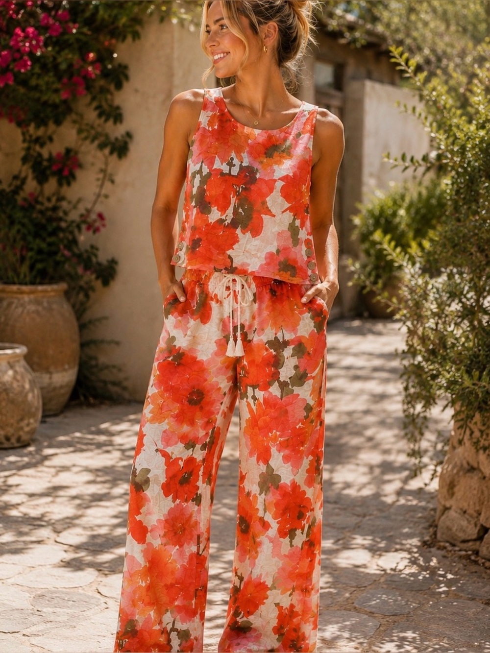 Joie Floral Linen Lyocell Two Piece Set Tank Wide Leg Pants Orange Pink Size L